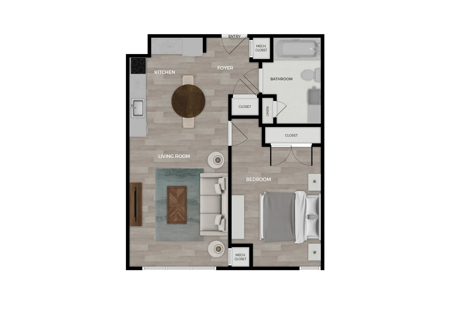 Floor plan rendering of "Anolia" 1-bedroom unit