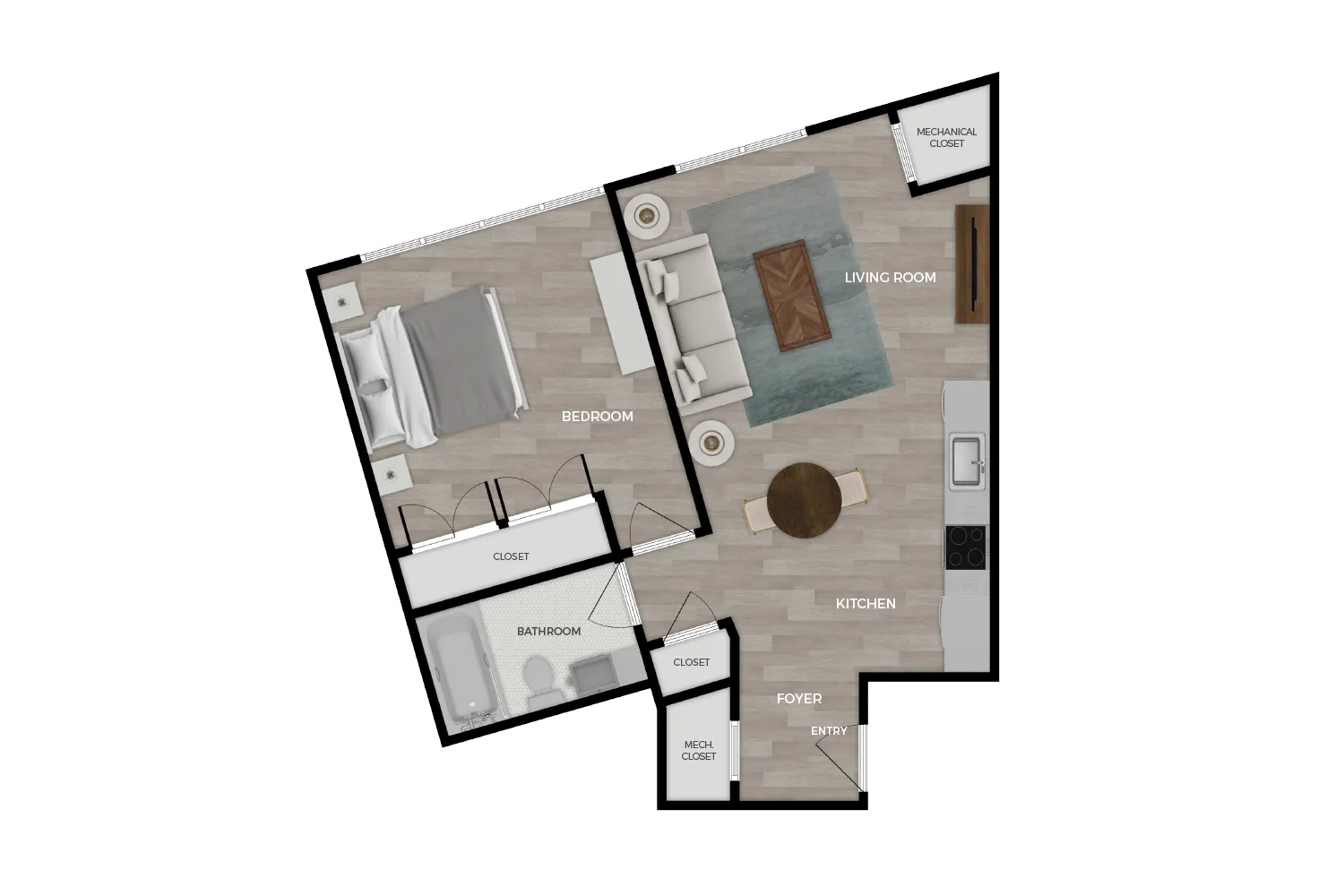 Floor plan rendering of "Brody" 1-bedroom unit