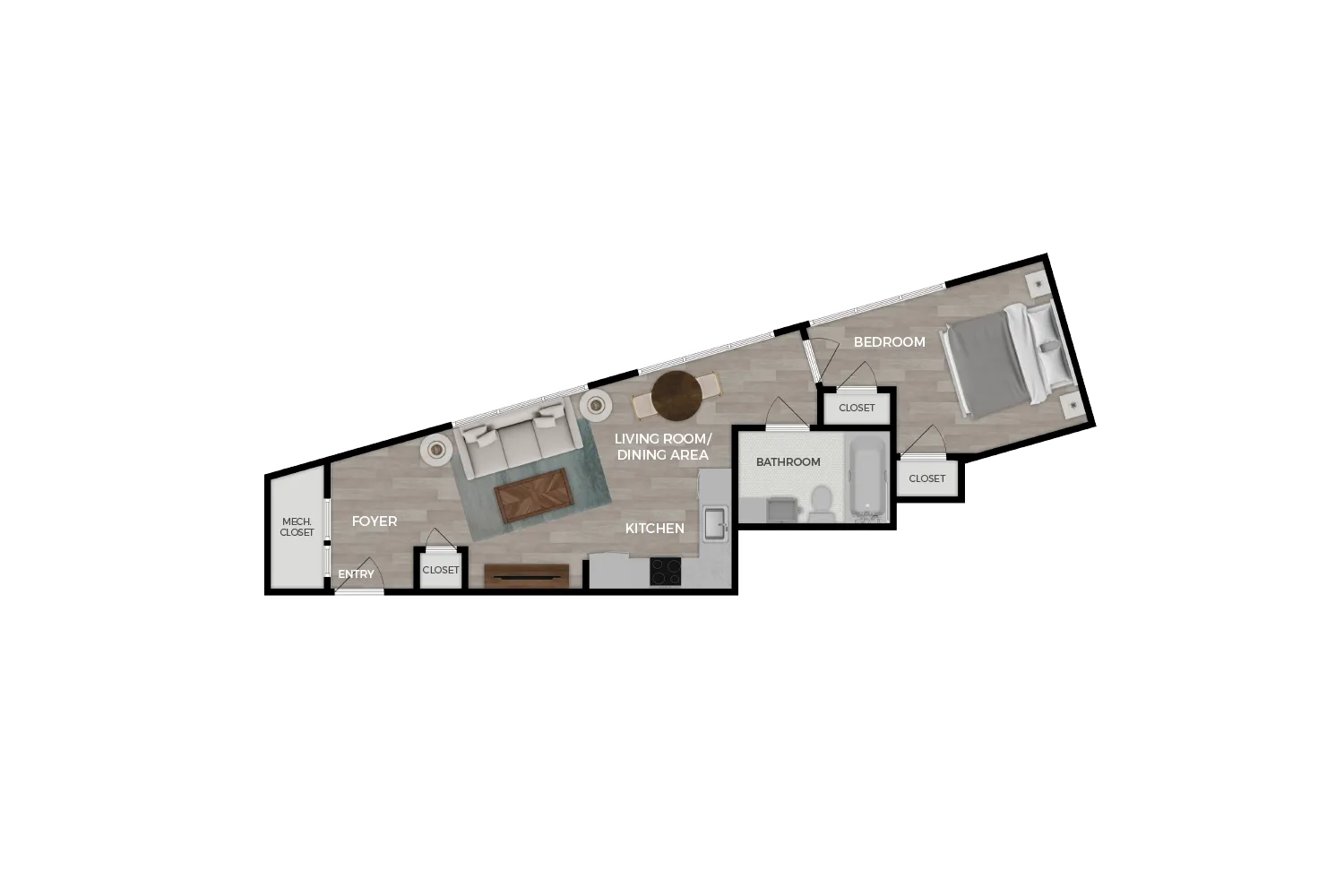 Floor plan rendering of "The Archer" 1-bedroom unit