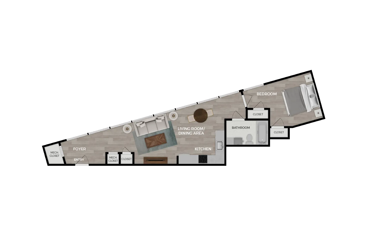 Floor plan rendering of "The Dawn" 1-bedroom unit