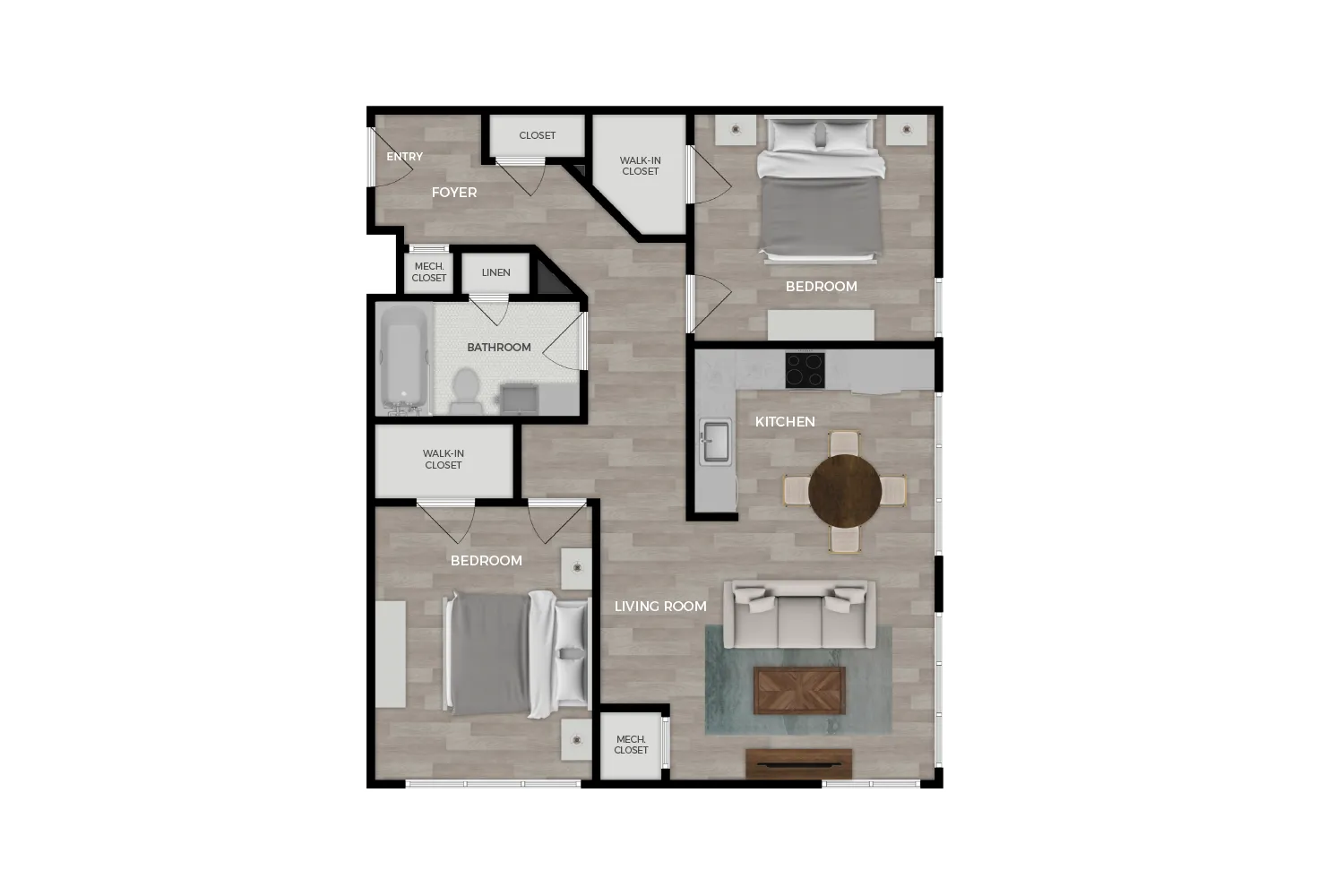 Floor plan rendering of "Bradley" 2-bedroom unit