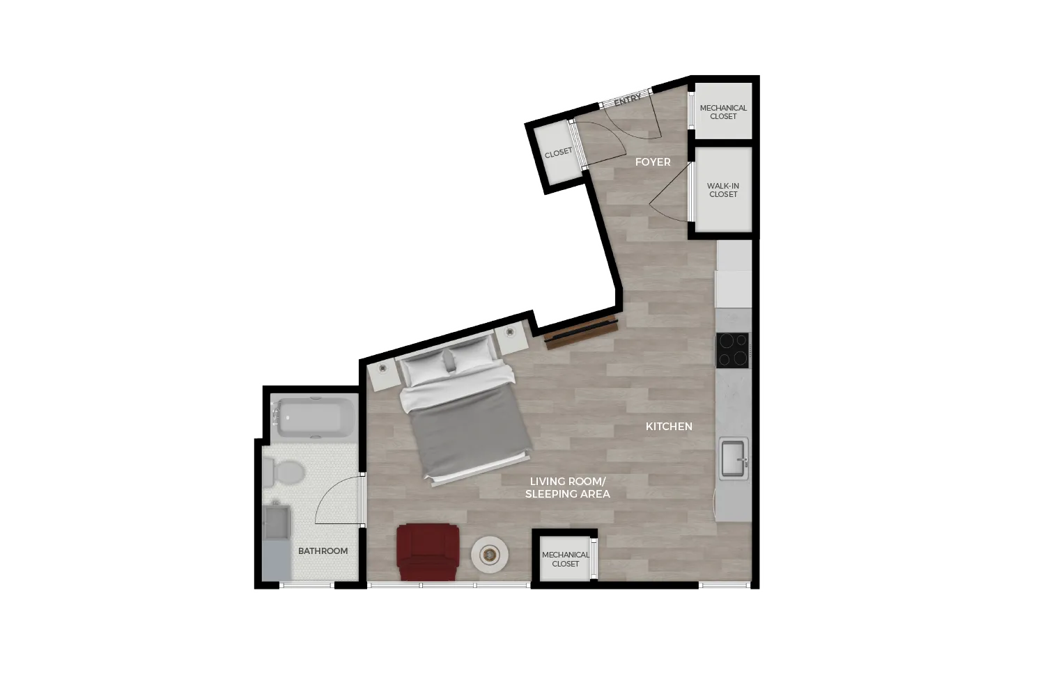 Floor plan rendering of "The Magnolia" Studio unit